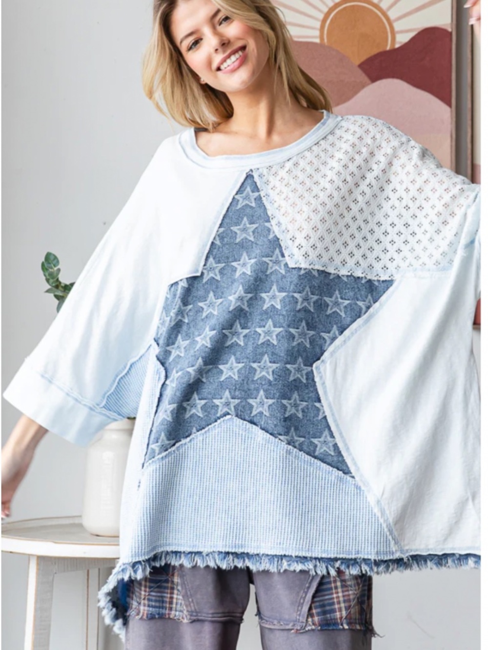😎 Oli and Hali “ ORLANDO “ Oli & Hali MULTI PRINT PATCHWORK OVERSIZED TOP 60A - Picture 2 of 6